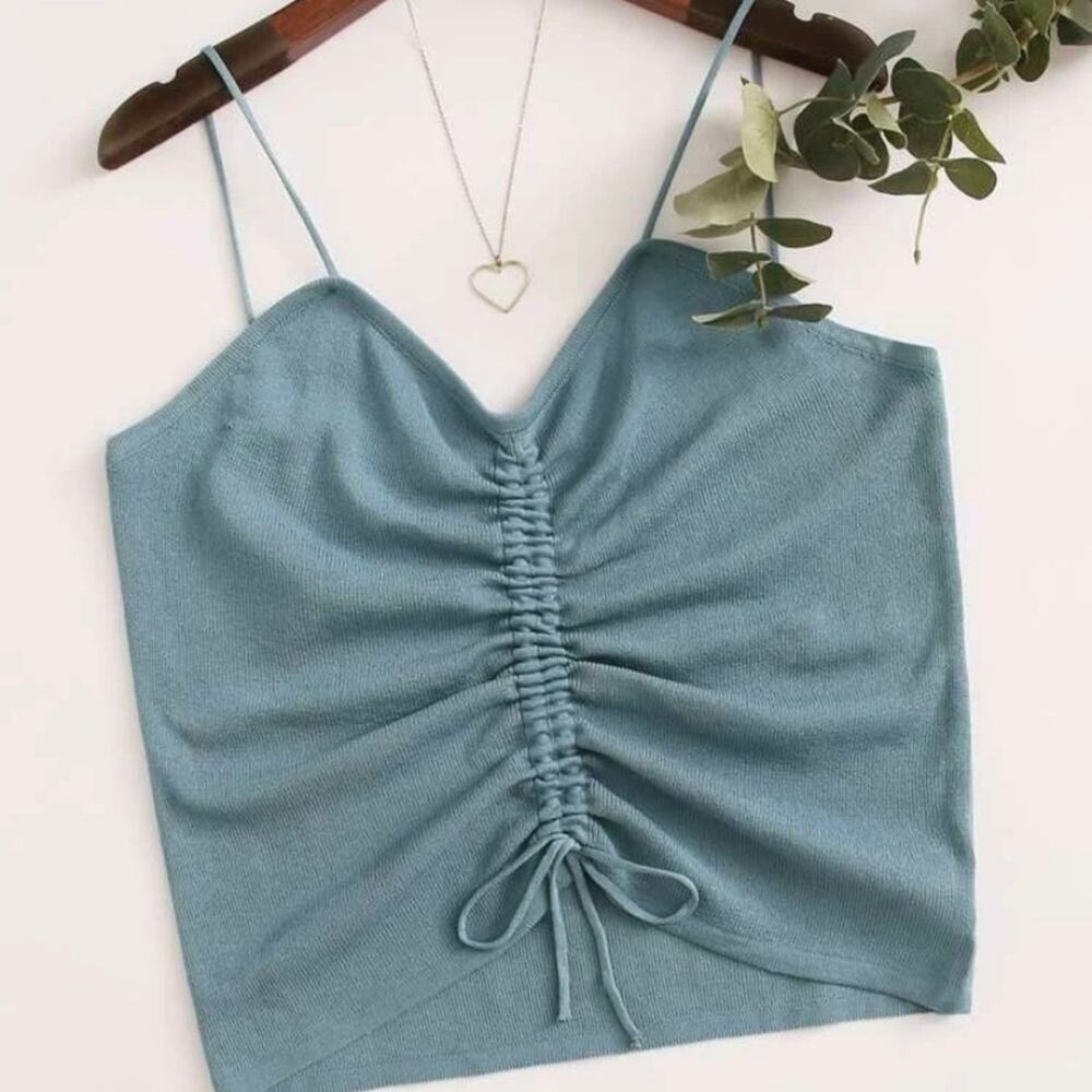 Blue tied front thin strap knit cropped tank
